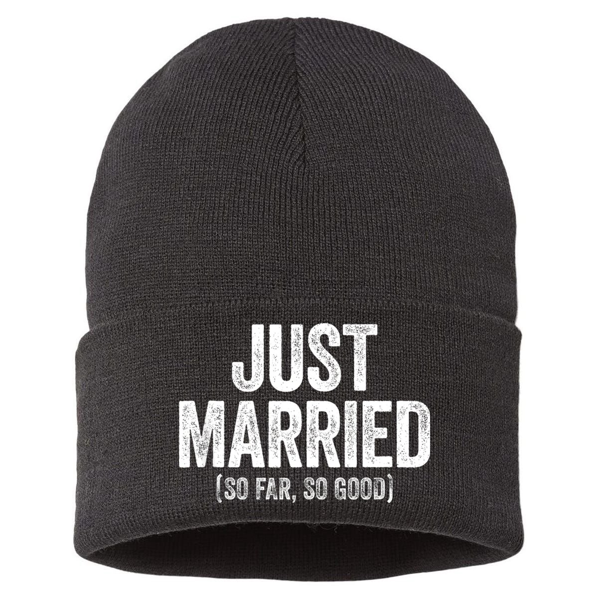 Just Married So Far So Good Newlywed Bride And Groom Sustainable Knit Beanie