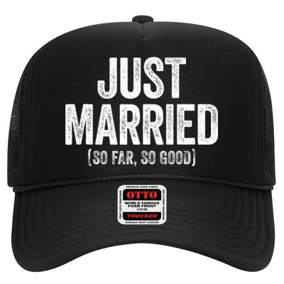 Just Married So Far So Good Newlywed Bride And Groom Trucker Hat