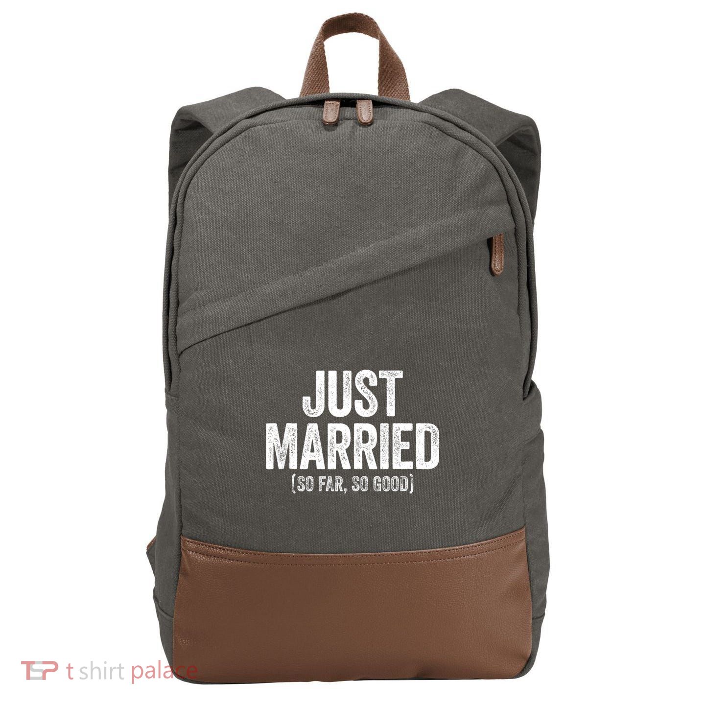 Just Married So Far So Good Newlywed Bride And Groom Cotton Canvas Backpack