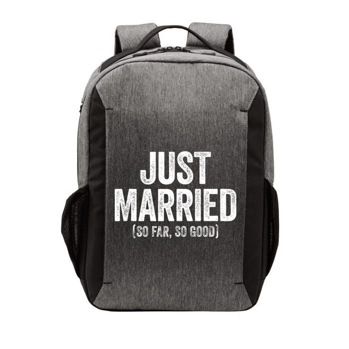 Just Married So Far So Good Newlywed Bride And Groom Vector Backpack
