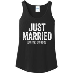 Just Married So Far So Good Newlywed Bride And Groom Ladies Essential Tank