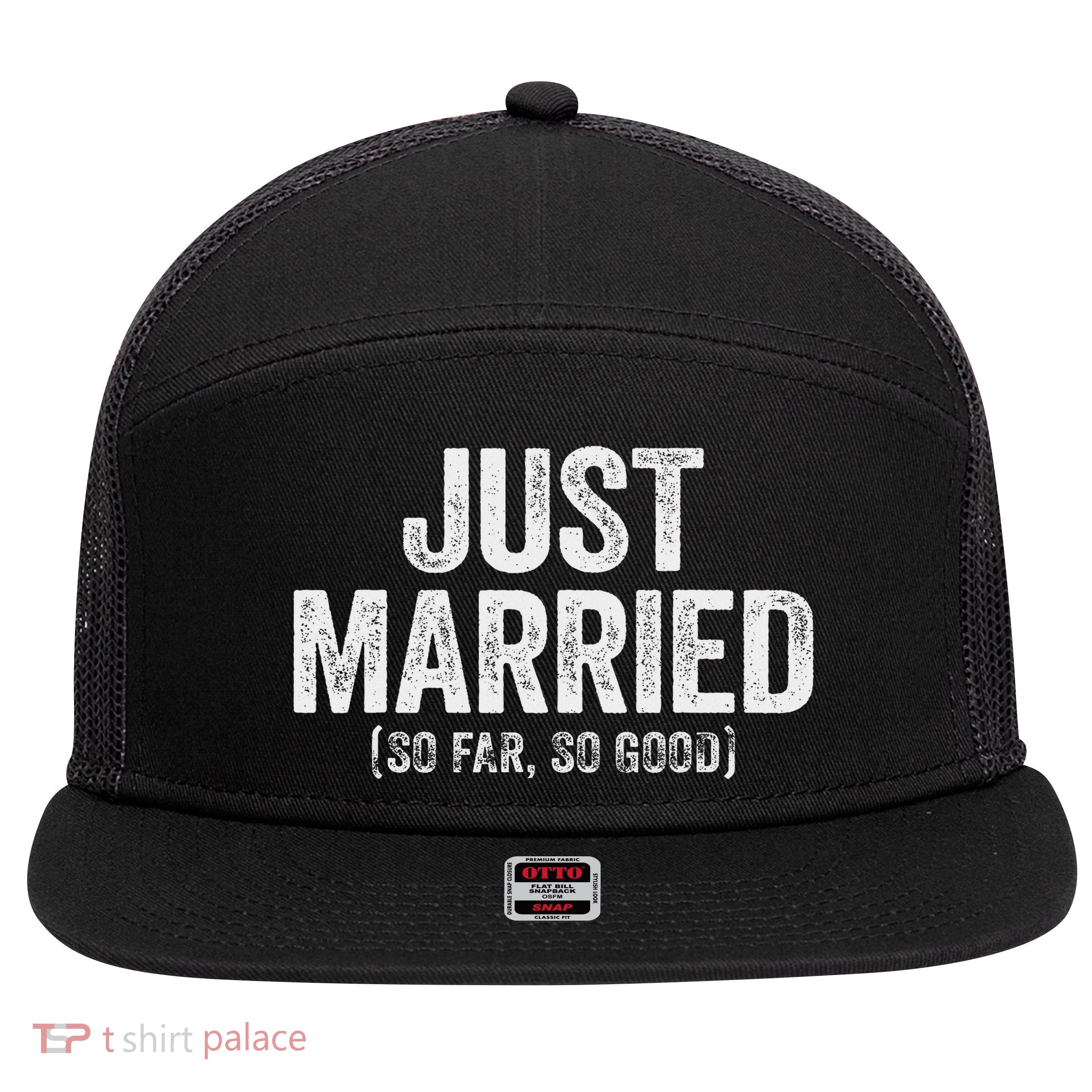 Just Married So Far So Good Newlywed Bride And Groom 7 Panel Mesh Trucker Snapback Hat