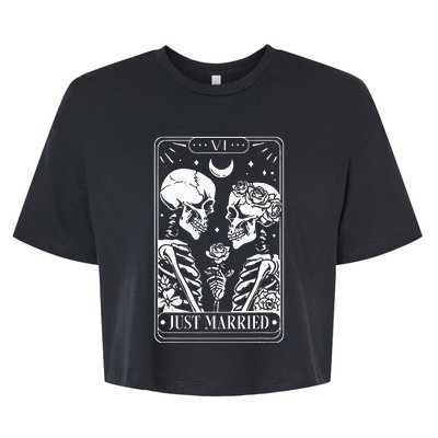 Just Married The Lovers Skeleton Couple Matching Halloween Bella+Canvas Jersey Crop Tee