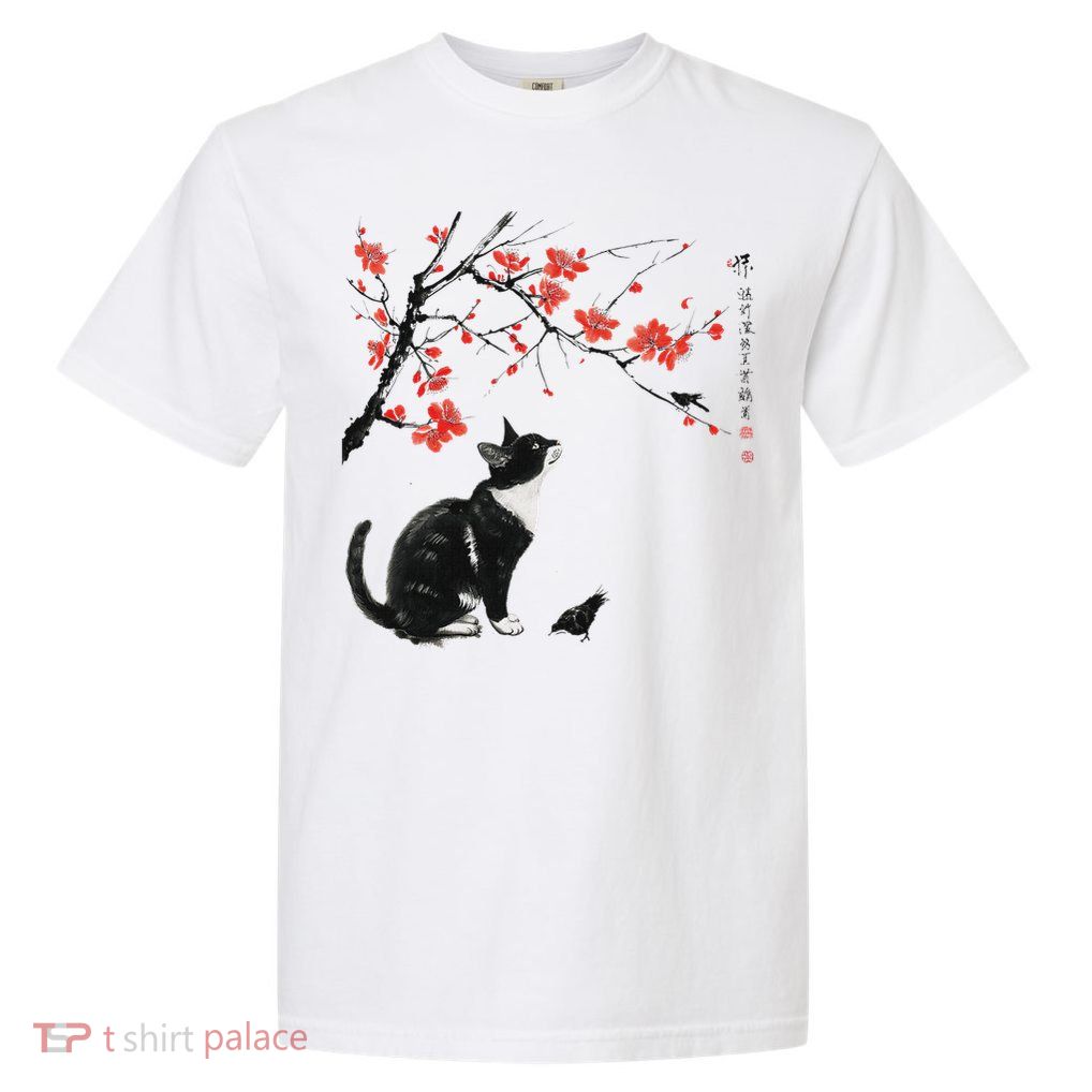 Japanese Nature Art Cat And Bird With Cherry Blossom Tree Garment-Dyed Heavyweight T-Shirt