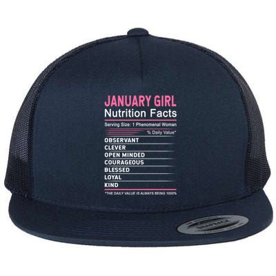 January Nutrition Fact January Capricorn Birthday Gift Flat Bill Trucker Hat