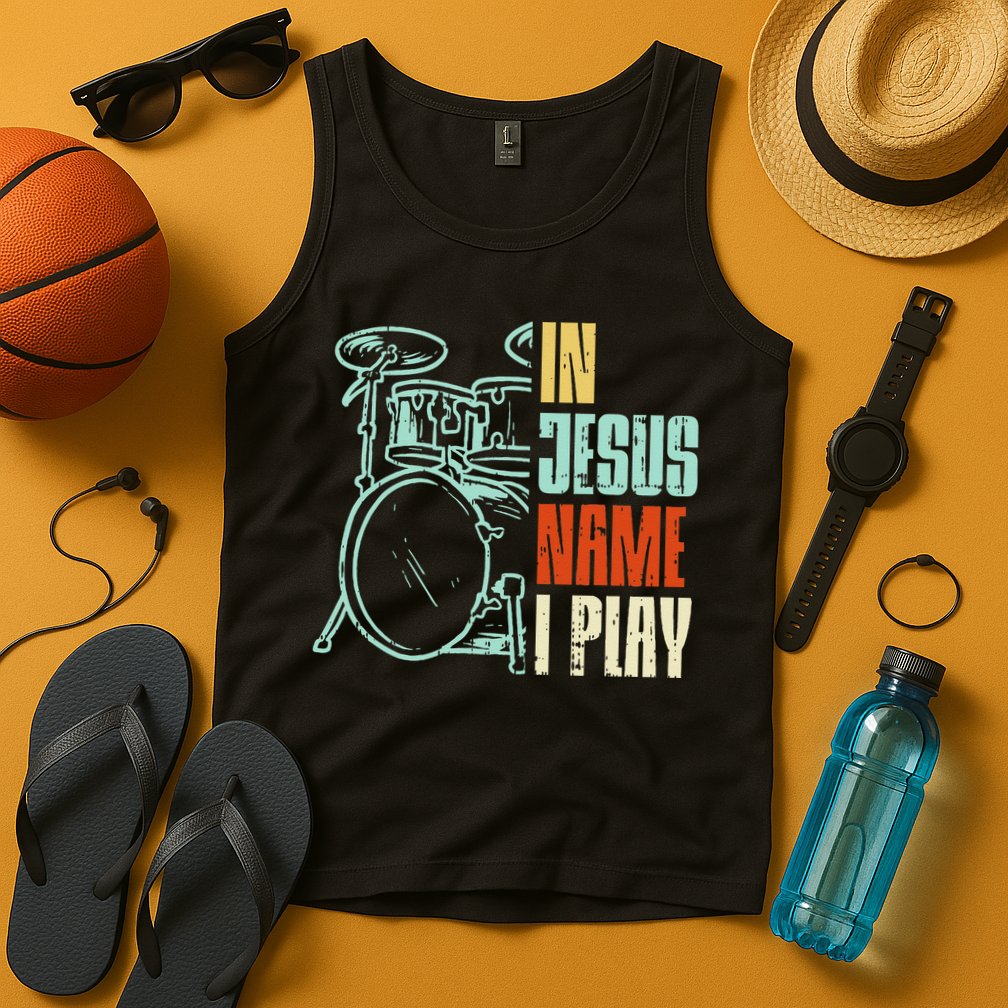 Jesus Name I Play Drums God Drumming Music Christian Drummer Tank Top