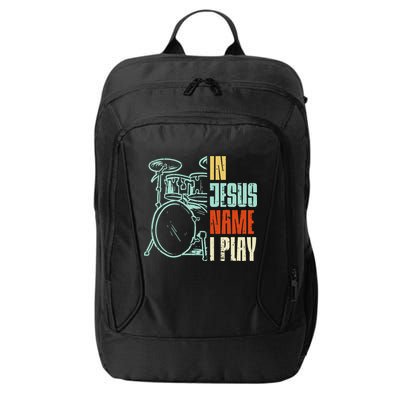 Jesus Name I Play Drums God Drumming Music Christian Drummer City Backpack