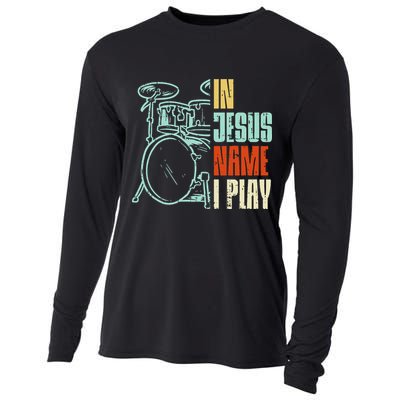 Jesus Name I Play Drums God Drumming Music Christian Drummer Cooling Performance Long Sleeve Crew