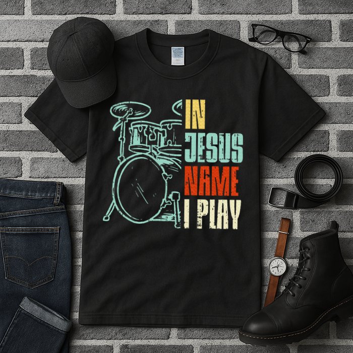 Jesus Name I Play Drums God Drumming Music Christian Drummer Tall T-Shirt
