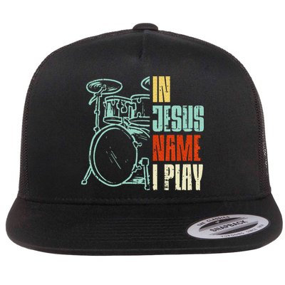 Jesus Name I Play Drums God Drumming Music Christian Drummer Flat Bill Trucker Hat