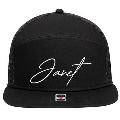 Janet Name In Script Lettering 7 Panel Mesh Trucker Snapback Hat