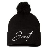 Janet Name In Script Lettering Pom Pom 12in Knit Beanie