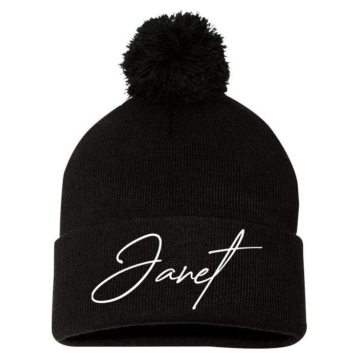Janet Name In Script Lettering Pom Pom 12in Knit Beanie
