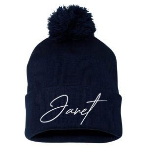 Janet Name In Script Lettering Pom Pom 12in Knit Beanie