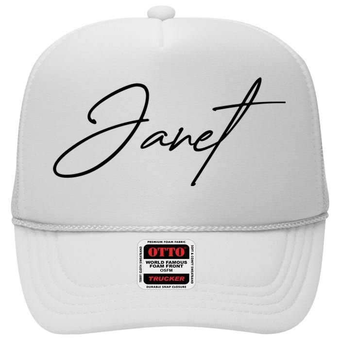 Janet Name In Script Lettering High Crown Mesh Back Trucker Hat