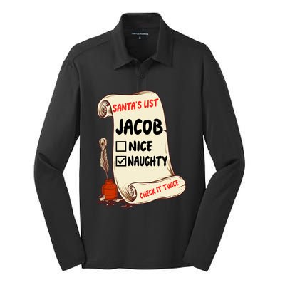 Jacob Name Santa Naughty Nice List Funny Xmas Cute Gift Silk Touch Performance Long Sleeve Polo