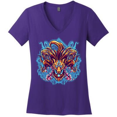 Japanese Nine Tails Kitsune Fox Women's V-Neck T-Shirt