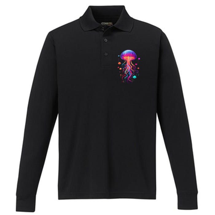 Jellyfish Ocean Animal Scuba Diving Rainbow Jelly Fish Performance Long Sleeve Polo