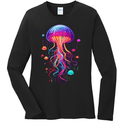 Jellyfish Ocean Animal Scuba Diving Rainbow Jelly Fish Ladies Long Sleeve Shirt