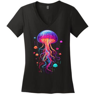 Jellyfish Ocean Animal Scuba Diving Rainbow Jelly Fish Women's V-Neck T-Shirt