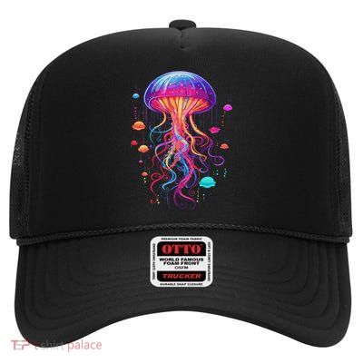 Jellyfish Ocean Animal Scuba Diving Rainbow Jelly Fish High Crown Mesh Back Trucker Hat