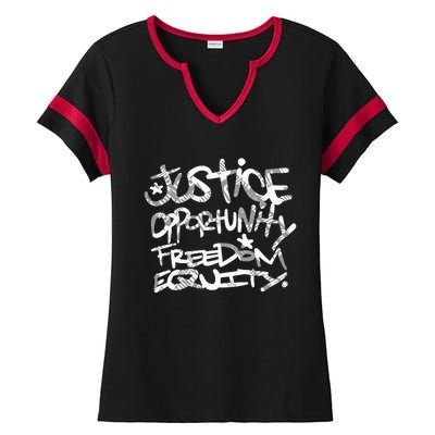 justice opportunity equity freedom  Ladies Halftime Notch Neck Tee