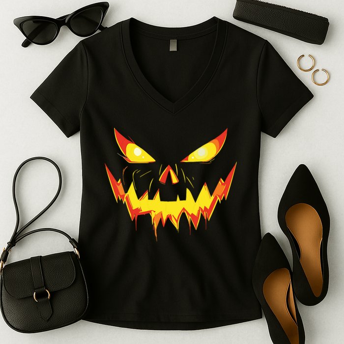 Jack O Lantern Face Pumpkin Scary Halloween Costume Funny Women's V-Neck T-Shirt