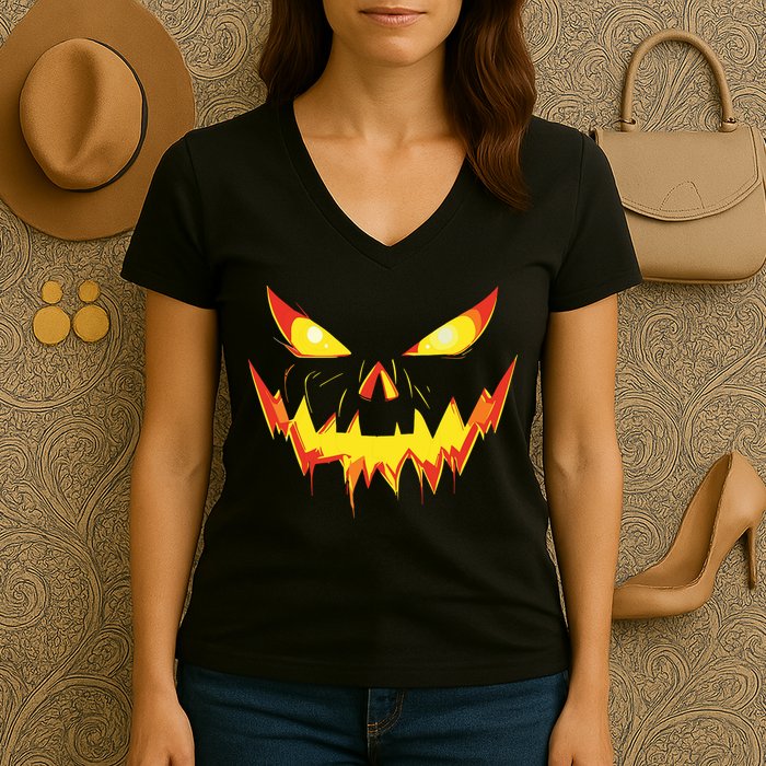 Jack O Lantern Face Pumpkin Scary Halloween Costume Funny Women's V-Neck T-Shirt