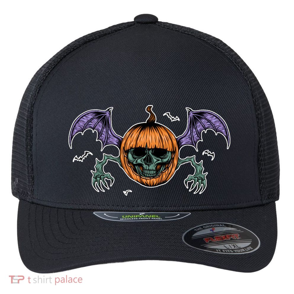 Jack O Lantern Creepy Skull Bat Halloween Flexfit Unipanel Trucker Cap