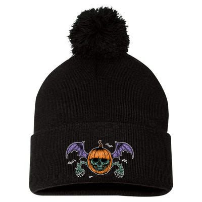 Jack O Lantern Creepy Skull Bat Halloween Pom Pom 12in Knit Beanie