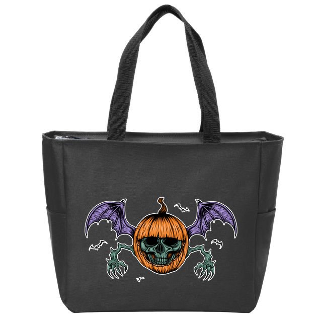 Jack O Lantern Creepy Skull Bat Halloween Zip Tote Bag