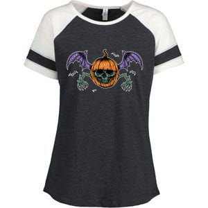 Jack O Lantern Creepy Skull Bat Halloween Enza Ladies Jersey Colorblock Tee