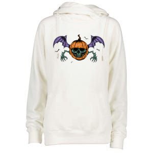 Jack O Lantern Creepy Skull Bat Halloween Womens Funnel Neck Pullover Hood