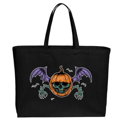 Jack O Lantern Creepy Skull Bat Halloween Cotton Canvas Jumbo Tote