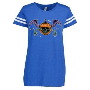 Jack O Lantern Creepy Skull Bat Halloween Enza Ladies Jersey Football T-Shirt