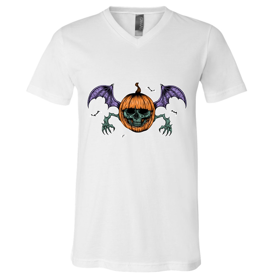 Jack O Lantern Creepy Skull Bat Halloween V-Neck T-Shirt