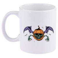 Jack O Lantern Creepy Skull Bat Halloween 11oz C Handle Ceramic Mug