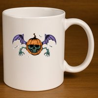 Jack O Lantern Creepy Skull Bat Halloween 11oz C Handle Ceramic Mug