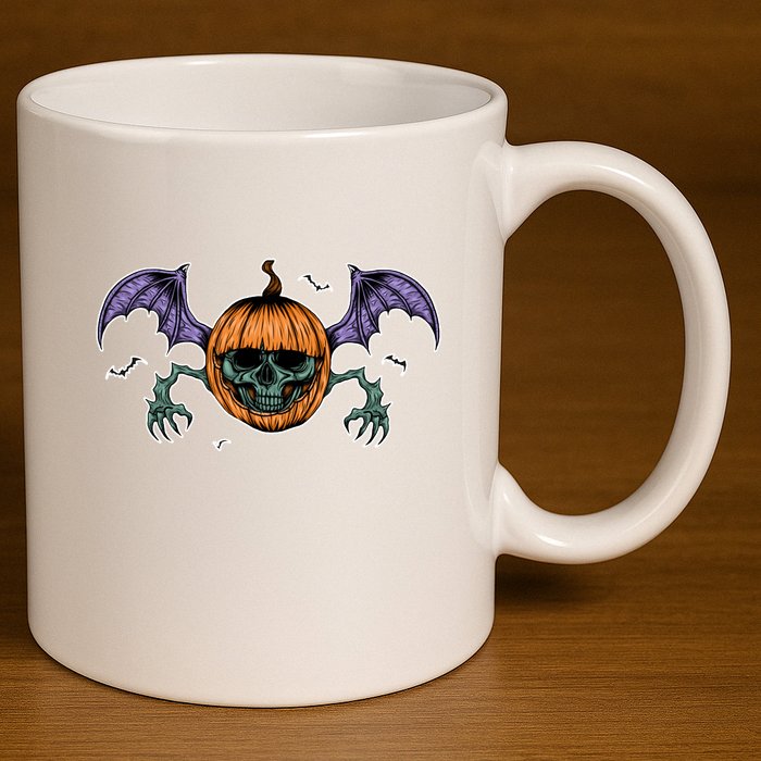 Jack O Lantern Creepy Skull Bat Halloween 11oz C Handle Ceramic Mug