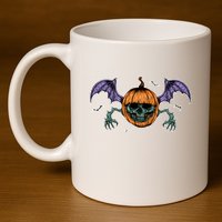 Jack O Lantern Creepy Skull Bat Halloween 11oz C Handle Ceramic Mug
