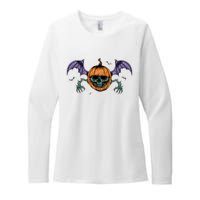 Jack O Lantern Creepy Skull Bat Halloween Womens CVC Long Sleeve Shirt