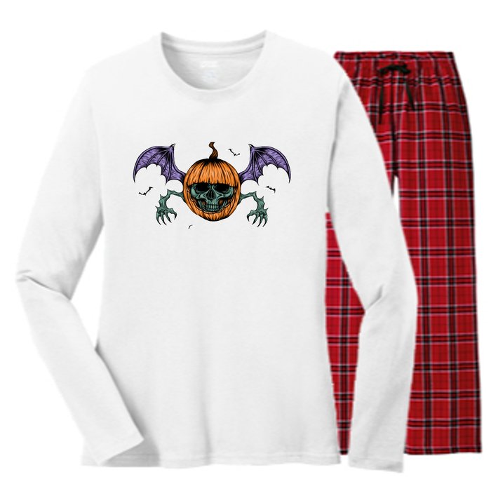 Jack O Lantern Creepy Skull Bat Halloween Women's Long Sleeve Flannel Pajama Set 