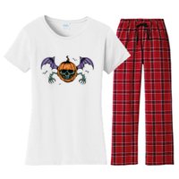 Jack O Lantern Creepy Skull Bat Halloween Women's Flannel Pajama Set