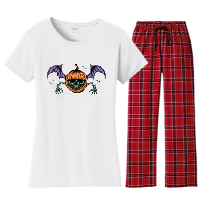 Jack O Lantern Creepy Skull Bat Halloween Women's Flannel Pajama Set