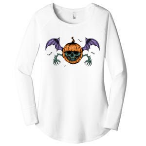 Jack O Lantern Creepy Skull Bat Halloween Women's Perfect Tri Tunic Long Sleeve Shirt