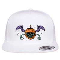 Jack O Lantern Creepy Skull Bat Halloween Flat Bill Trucker Hat