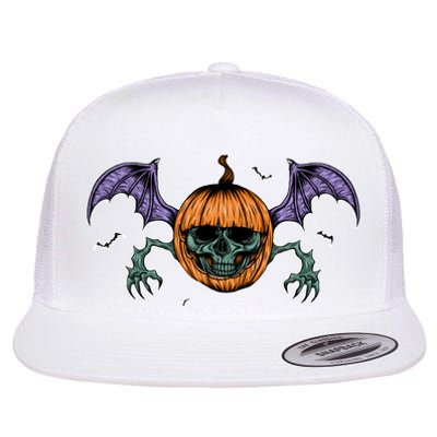 Jack O Lantern Creepy Skull Bat Halloween Flat Bill Trucker Hat