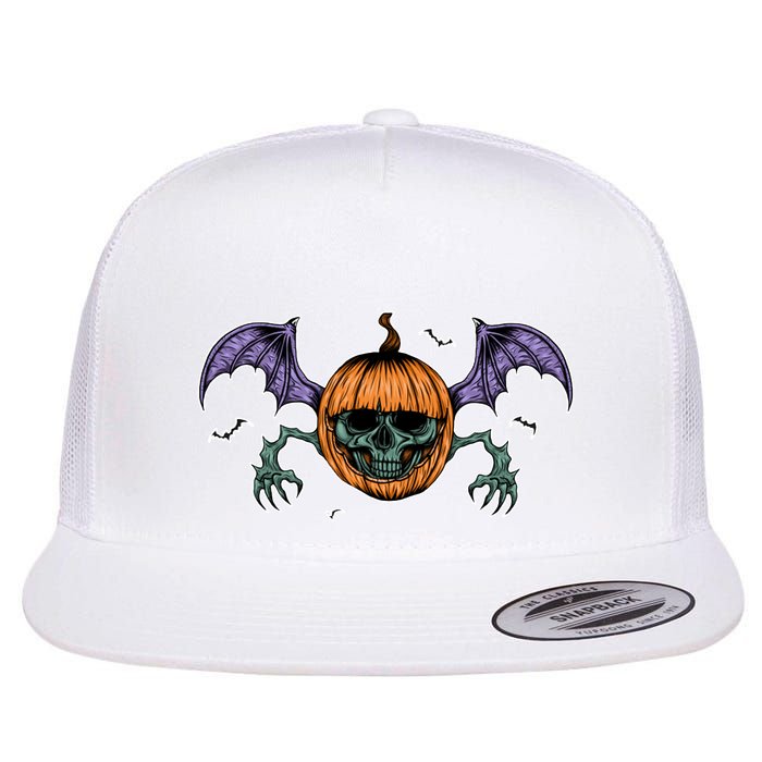 Jack O Lantern Creepy Skull Bat Halloween Flat Bill Trucker Hat