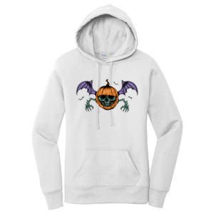 Jack O Lantern Creepy Skull Bat Halloween Women's Pullover Hoodie