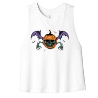 Jack O Lantern Creepy Skull Bat Halloween Women's Racerback Cropped Tank